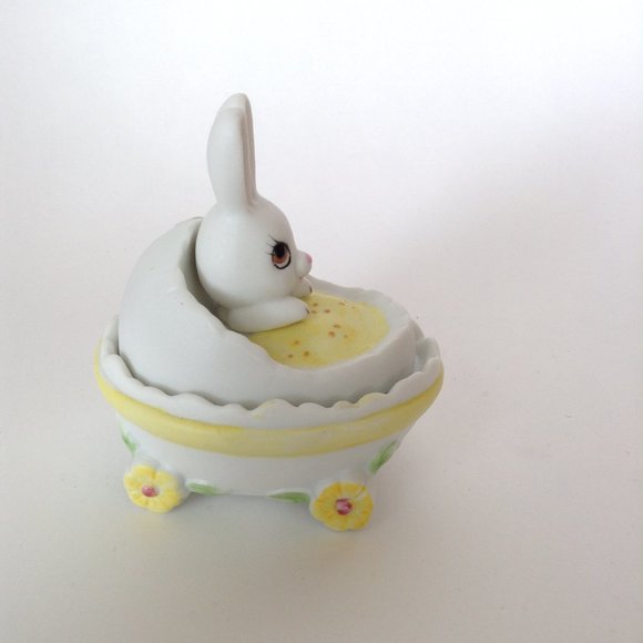 Vintage Lefton China Bunny Easter Egg Lidded Trinket Box Dish Hand Painted - Picture 3 of 8